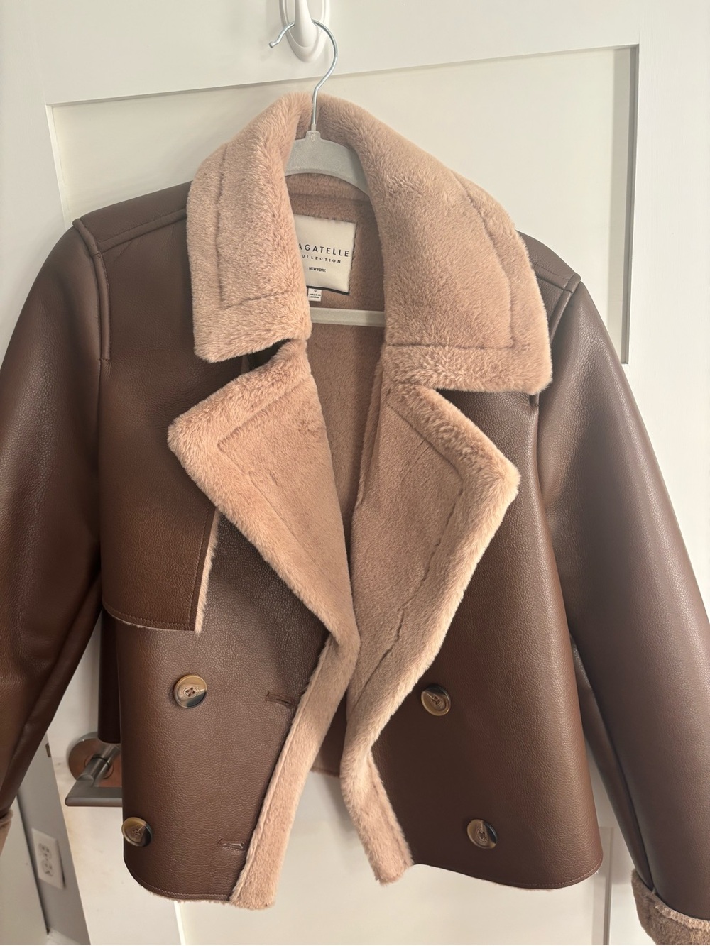 Bagatelle Brown Faux Leather Coat with Beige Shearling Lining size S